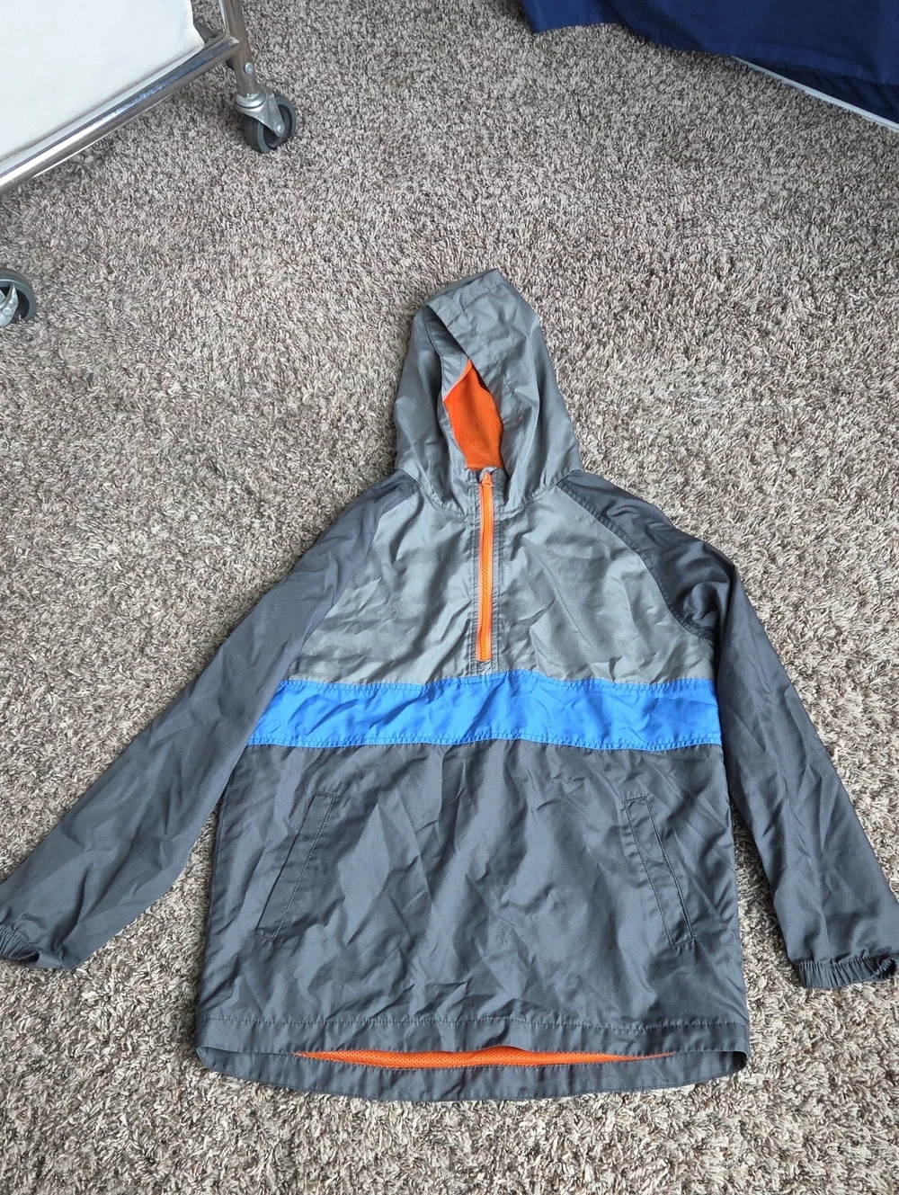 Old Navy Gray Hooded Rain Jacket with Blue Stripe & Orange Accents